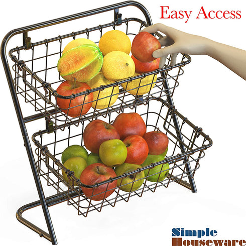 SimpleHouseware 2-Tier Rigid Wire Market Basket Stand, Black