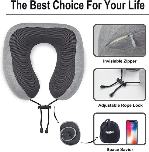 NAPFUN Neck Pillow for Traveling, Upgraded Travel Neck Pillow for Airplane 100% Pure Memory Foam Travel Pillow for Flight Headrest Sleep, Portable Plane Accessories, Light Grey