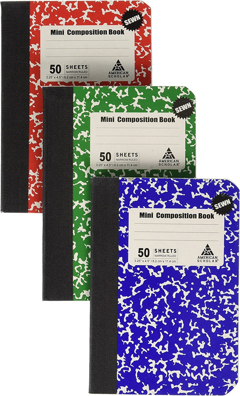 Mini Composition Book, Note Pad, 3 Pack in 3 different color Red, Green & Blue