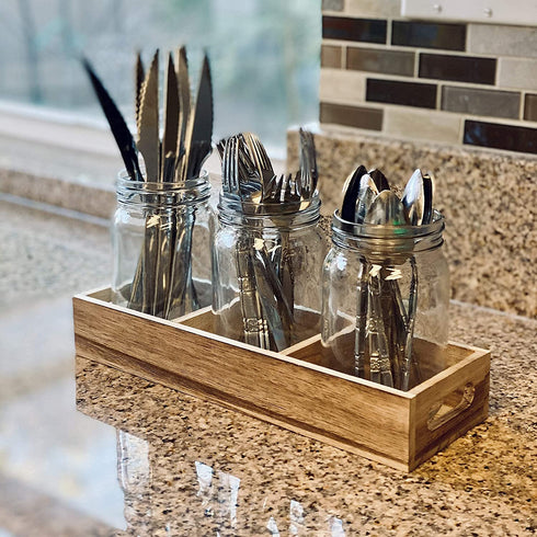 Mason Jar Glass Utensil Holder Flatware Caddy Silverware Organizer for Spoons, Knives and Forks with Rustic Wood Tray for Farmhouse Kitchen Decor and Countertop