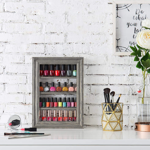 MyGift Vintage Gray Wood Hanging Nail Polish Rack Wall Mount Organizer, 4 Tier Makeup Bottle Holder or Essential Oil Display