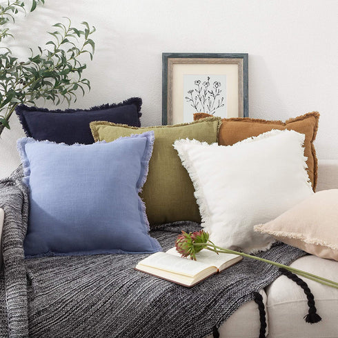 ATLINIA Linen Pillow Cover with Fringes Soft Solid Cushion Cover 20 x 20 Decorative Throw Pillow Cover for Couch Sofa Bed and Outdoor Navy Blue Pillow Cover