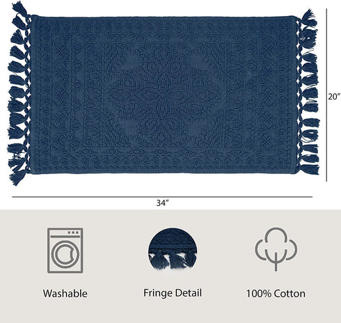 French Connection Nellore Bath Mat | Woven and Beaded Bathroom Rug | 100% Cotton | Premium Bathroom Décor | Machine Washable | Measures 20" x 34" | Navy