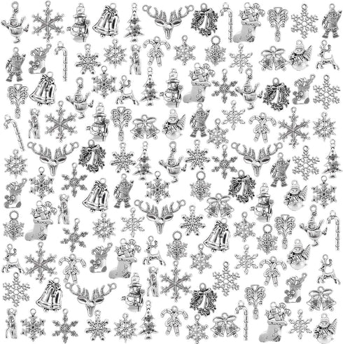 Konsait 120Pack Christmas Charms Bulk Antique Silver Pendants Christmas Pendant Accessory Mixed Craft Supplies Beads Pendants for Necklace Bracelet Jewelry Making Crafting and Christmas Ornaments