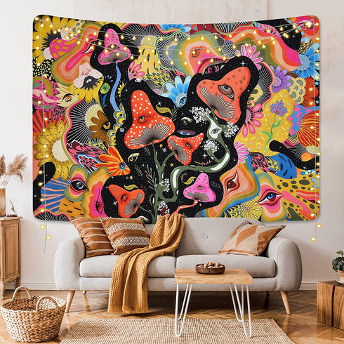 Mushroom Tapestry Hippie Eyes Tapestries Stars Tapestry Colorful Flowers Tapestry Wall Hanging for Room(51.2 x 59.1 inches)