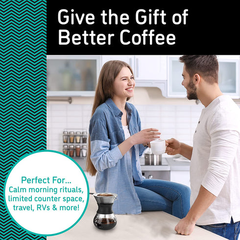 Coffee Gator Pour Over Coffee Maker - 10.5 oz Paperless, Portable, Drip Coffee Brewer Pour Over Set w/ Glass Carafe & Stainless-Steel Mesh Filter, Black