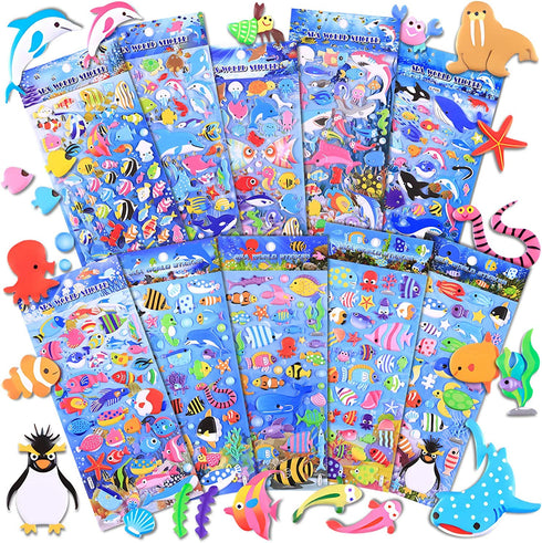 Kids Stickers 500+ 10 Different Sheets, 3D Puffy Sticker for Kids, Bulk Scrapbooking, Ocean Animal Stickers for Boys Girls Teachers Birthday Gift, Party Supplies, Reward