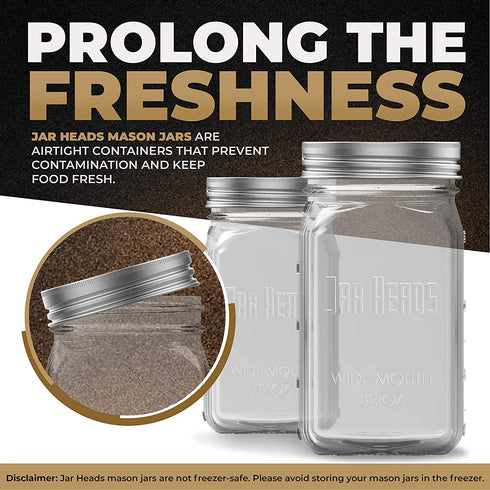 Jar Heads Canning Jars Wide Mouth - 4 Pack 32 oz Mason Jars - Wide Mouth Mason Jars - Large Mason Jar Glasses - Mason Jars 32 oz Wide Mouth - Quart Mason Jars - Wide Mouth Mason Jars 32 oz with Lids