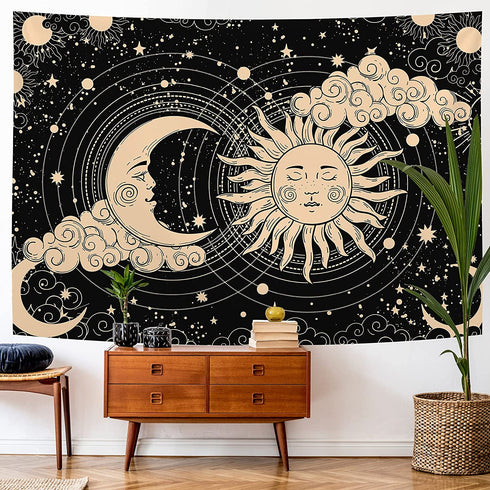 Sun and Moon Tapestry Aesthetic Sun Moon Tapestry Black Dark Spiritual Tapestries Wall Hanging Room Decor for Bedroom, Livingroom(59"x82", Moon and Sun)