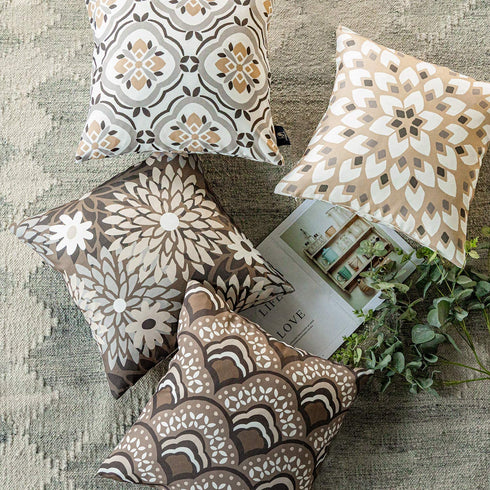 Phantoscope Set of 4 New Living Series Dahlia and Oriental Double Side Print Decorative Throw Pillow Case Cushion Cover, Coffee, 18 x 18 inches, 45 x 45 cm