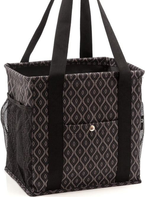 Pursetti Small Utility Tote Bag for Women with 4 Exterior Pockets - Perfect as Lunch Tote, Reusable Grocery Bags, Shopping Bags, Work Bag, Teacher Bag, and Nurse Bag (Black Trellis)