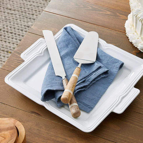 Creative Co-op DF0728 Stainless Steel Wood & Horn Inlay Handle and Bag (2 Pieces) Cake Knife & Server, Brown