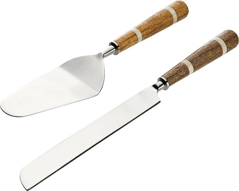 Creative Co-op DF0728 Stainless Steel Wood & Horn Inlay Handle and Bag (2 Pieces) Cake Knife & Server, Brown