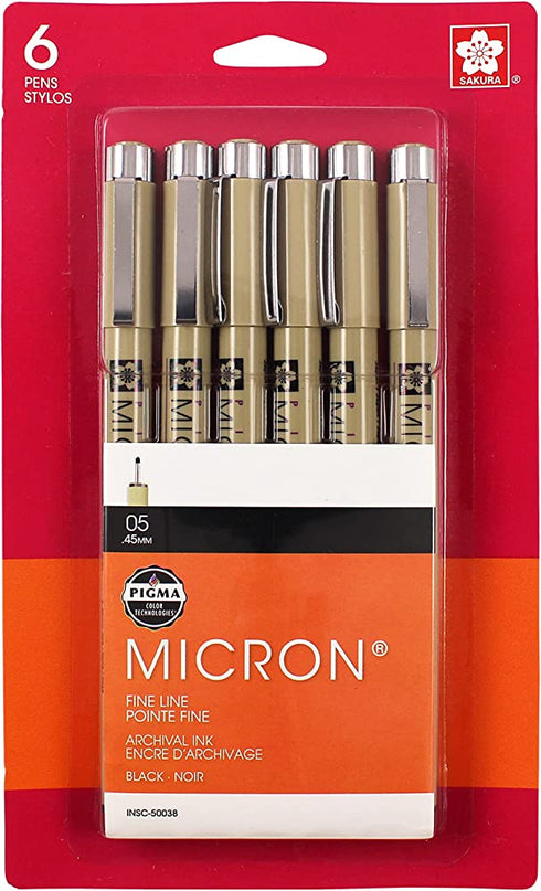 Sakura Pigma 50038 Micron Blister Card Ink Pen Set, Black, 05 6CT