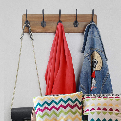 SKOLOO Rustic Wall Mounted Coat Rack: 16-inches Hole to Hole, Case of 2, Pine Solid Wood Coat Hook Hanger - 5 Hooks for Hanging Clothes Robes Towels Coats