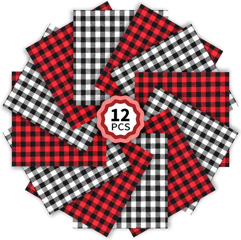 Christmas Red Black Buffalo Plaid - 12 Sheets 12 x 12 Inch Heat Transfer Vinyl Red & Black Plaid Fabric Printed Vinyl Sheets Adhesive Iron on Vinyl for Clothes