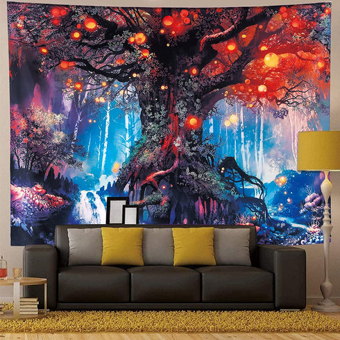 ENJOHOS Trippy Taprstry Wall Hanging for Bedroom Magical Tree of Life Tapestry with Mystical Forest and Tangled Lanterns for Dorm Room Decor,W79 x T5