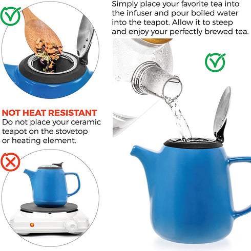 Tealyra - Daze Ceramic Teapot in Blue - 27-ounce (2-3 cups) - Small Stylish Ceramic Teapot with Stainless Steel Lid and Extra-Fine Infuser To Brew Loose Leaf Tea