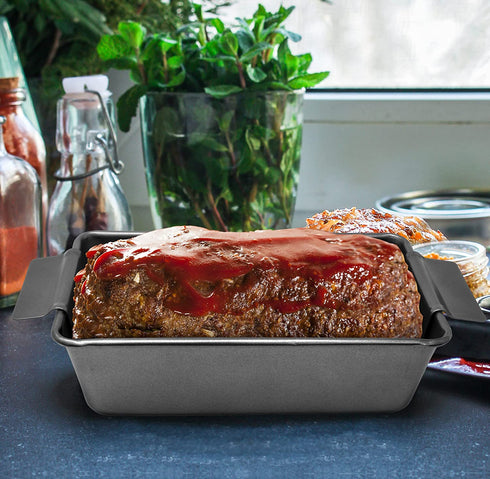 PERLLI Nonstick Meat Loaf Pan Bread Pan with Insert, 2-Piece Healthy Meatloaf Pan Set, Grey