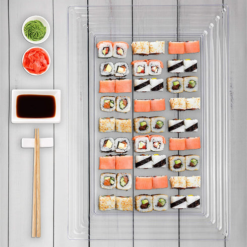 Plasticpro Plastic Serving Trays - Serving Platters Rectangle 11X16 Disposable Party Dish Crystal Clear, Elegant Leveled Border, Pack of 4