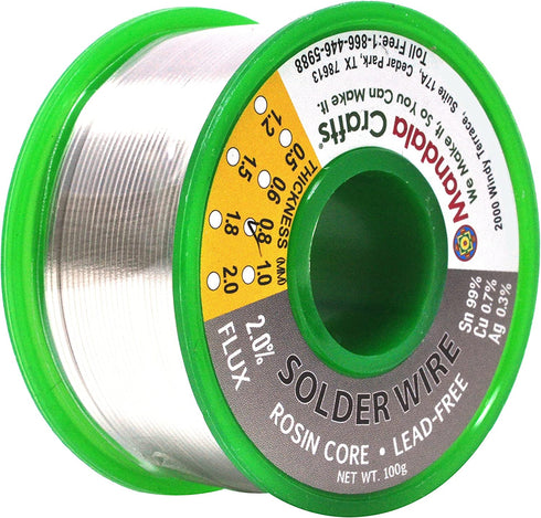 Rosin Core Lead Free Solder Wire for Electrical, Electronic, Connector, PCB Soldering; Sn97 Cu0.7 Ag0.3; By Mandala Crafts; 100g 0.8mm