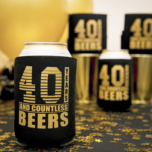 Happy 40th Birthday Decorations for Men, Insulated Can Beverage Sleeve, Birthday Party Favors for Him, 40 Year Old Birthday Gift Ideas, 12-Pack, Black & Gold