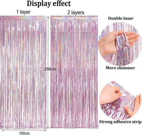 BRAVESHINE 2 Pack 3.2 ft x 8.2 ft Tinsel Foil Fringe Curtains Metallic Photo Booth Backdrops Party Supplies for Birthday Wedding Christmas Bridal Shower Bachelorette Holiday Decorations - Light Pink