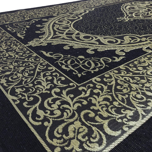 Islamic Prayer Rug Thin Woven Chenille and Taffeta Turkish Sajadah Intricate Design Metallic Ottoman Mat (Black + Blue)