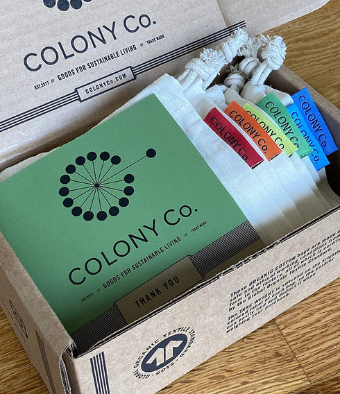 Colony Co. Reusable Bulk Food Bags, Set of 6 - Assorted Sizes, Certified Organic Cotton Muslin, Tare Weight Label, Washable, Double-Drawstring Design, Recyclable Packaging, Zero Waste