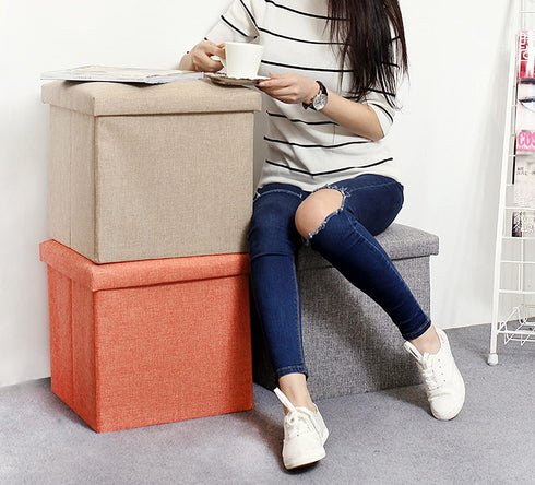 NISUNS OT01 Linen Folding Storage Ottoman Cube Footrest Seat, 12 X 12 X 12 Inches (Linen Orange)