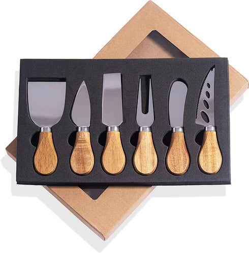 Jademaz charcuterie accessories, 6-Piece Cheese Knives Set, Stainless Steel Cheese Knife with Acacia Wood Handle