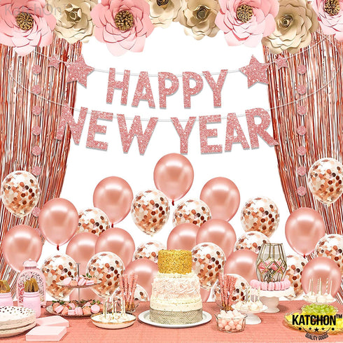 Happy New Year Decorations 2022 Set - Rose Gold Glitter Happy New Year Banner, No DIY | Rose Gold Fringe Curtain for Happy New Year Backdrop | New Years Eve Party Supplies 2022, New Years Decorations