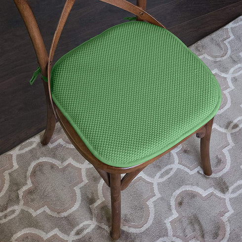 Sweet Home Collection Chair Cushion Memory Foam Pads with Ties Honeycomb Pattern Slip Non Skid Rubber Back Rounded Square 16" x 16" Seat Cover, 2 Pack, Green