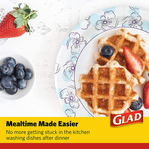 Glad Round Disposable Paper Plates 10 in, Blue Flower|Soak Proof, Cut Proof, Microwave Safe Heavy Duty Paper Plates 10"|50 Count Bulk Paper Plates, Paper Plates 10 Inch, Bulk for Parties and Occasions