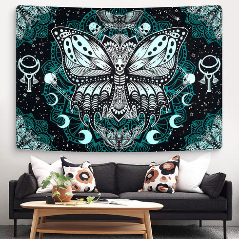 Death Moth Tapestry Skull Tapestry Butterfly Tapestry Gothic Skeleton Tapestry Blue Mandala Tapestry Wall Hanging for Room(51.2 x 59.1 inches)
