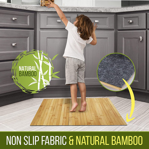 Bamboo Bath Mat Floor Rug - Waterproof and Weather Resistant Natural Wood Bathroom Shower Foot Carpet with Multi-Panel Strip Foldable Roll Up Non Slip Fabric for Indoor Use - SereneLife SLFBMT20