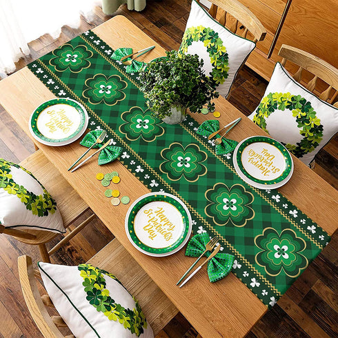 St. Patrick's Day Clover Linen Table Runner Dresser Scarves, Irish Lucky Shamrock Rectangle Tablecloths for Farmhouse Kitchen Dining Wedding Picnic Party 16x72in, Green Buffalo Plaid Checkered