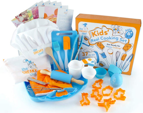 The Sneaky Chef Kids Baking and Cooking Set 37 Piece BPA Free, Child-Safe Essential Junior Utensils, Cooking Protection, Storage Case, Cookie Cutters, and 7 Healthy Recipe Cards - Ages 6+ Years
