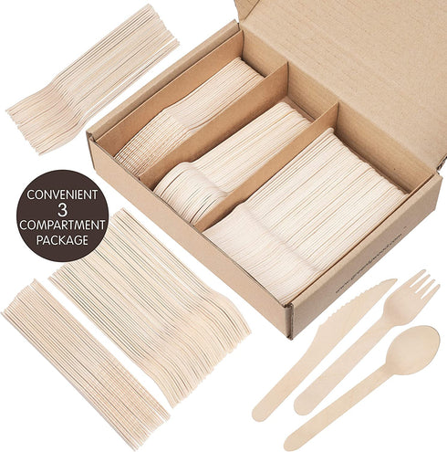 Greenly Wood 200 Pack Disposable Wooden Utensils Set | All Natural Birchwood Biodegradable Compostable Cutlery (100 Forks, 50 Spoons, 50 Knives)