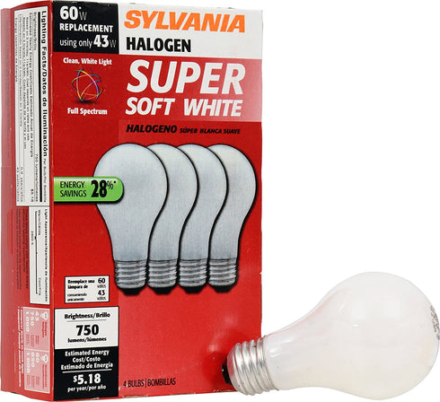 SYLVANIA Halogen A19 Light Bulb, 9W=60W Equivalent, E26 Medium Base, 600 Lumens, 100 CRI, 2700K Soft White - 4 Pack (50005)