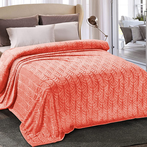 Whale Flotilla Flannel Fleece Twin Size(90x66 Inch) Lightweight Bed Blanket, Soft Velvet Bedspread Plush Fluffy Coverlet Palm Leaf Design Decorative Blanket for All Seasons, Coral
