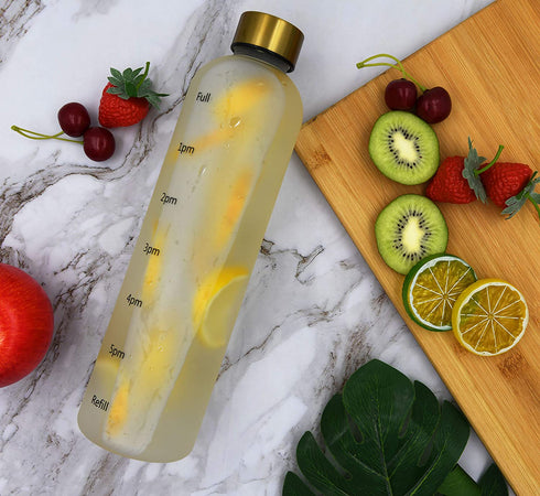 Healthywish - Time Marked Cute Water Bottles For Women And Men, BPA Free Aesthetic & Frosted Water Bottle With Time Marker, Clear Water Bottles 1 Liter | 32 Oz