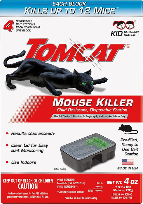 Tomcat Mouse Killer Disposable Station for Indoor Use - Child Resistant, 4 Stations with 1 Bait Each