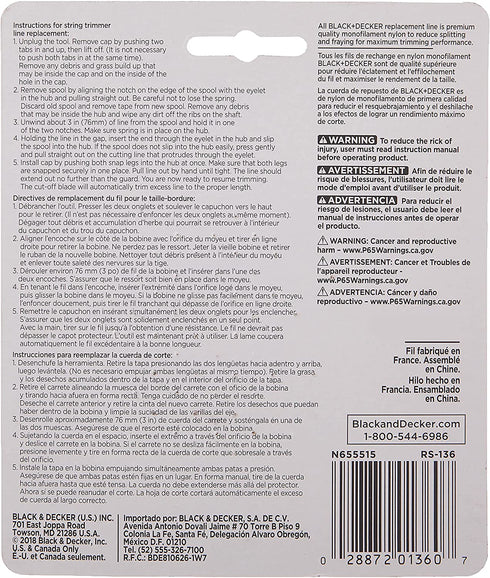 BLACK+DECKER Trimmer Line, 20-Foot, 0.065-Inch (RS136)