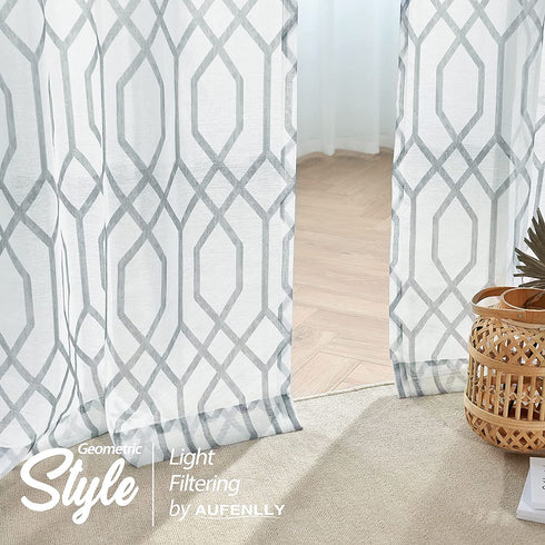 AUFENLLY Geometric Moroccan Patterned Sheer Curtains 63 Inch Length 2 Panels Faux Linen Modern Farmhouse Contemporary Sheer Curtains for Living Room Bedroom Rod Pocket 54 x 63 Inch 2 Panels, Grey