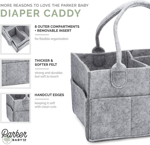 Parker Baby Diaper Caddy - Nursery Storage Bin and Car Organizer for Diapers and Baby Wipes - Grey