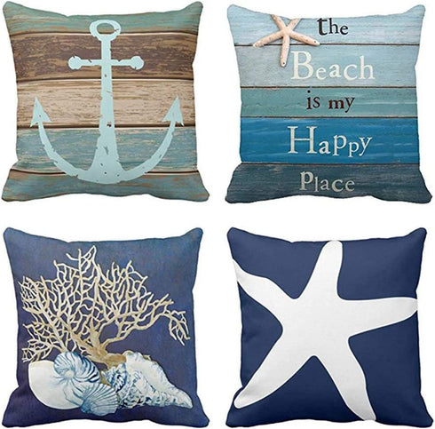 Emvency Set of 4 Throw Pillow Covers Nautical Coastal Beach and Blue Turquoise Anchor Weathered Wood Old Decorative Pillow Cases Home Decor Square 16x16 Inches Pillowcases