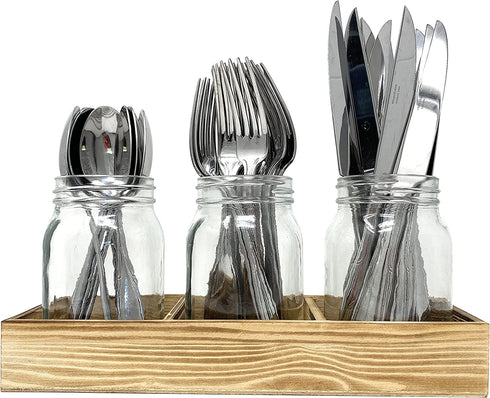 Mason Jar Glass Utensil Holder Flatware Caddy Silverware Organizer for Spoons, Knives and Forks with Rustic Wood Tray for Farmhouse Kitchen Decor and Countertop
