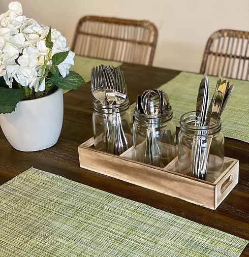 Mason Jar Glass Utensil Holder Flatware Caddy Silverware Organizer for Spoons, Knives and Forks with Rustic Wood Tray for Farmhouse Kitchen Decor and Countertop