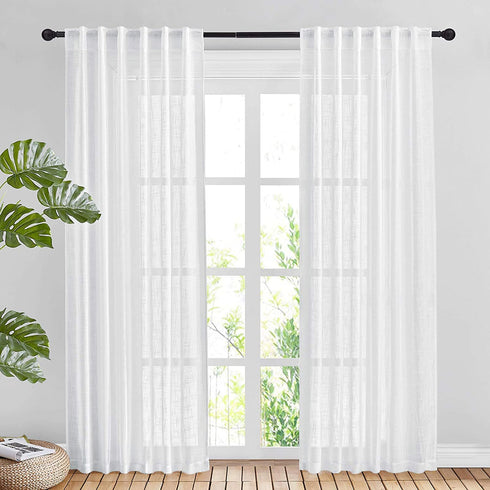 NICETOWN White Linen Sheer Curtains and Drapes 84 inches Long, Rod Pocket & Back Tab semitransparent with Light Through Vertical Window Treatments for Sliding Glass Door & Living Room, 52"W, Set of 2